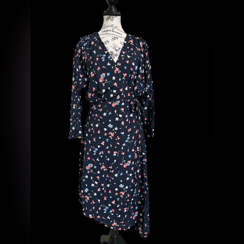 Joie Navy Floral Wrap Midi Dress M Long Sleeve V-Neck Tie Waist